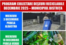 Programul de colectare a deșeurilor reciclabile în Bistrița și localitățile componente pentru luna decembrie 2025